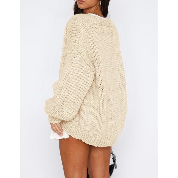 Womens Trendy Cardigan Sweaters Beige Green Long Sleeve Chunky Knit Outfits - Picture 2 of 8